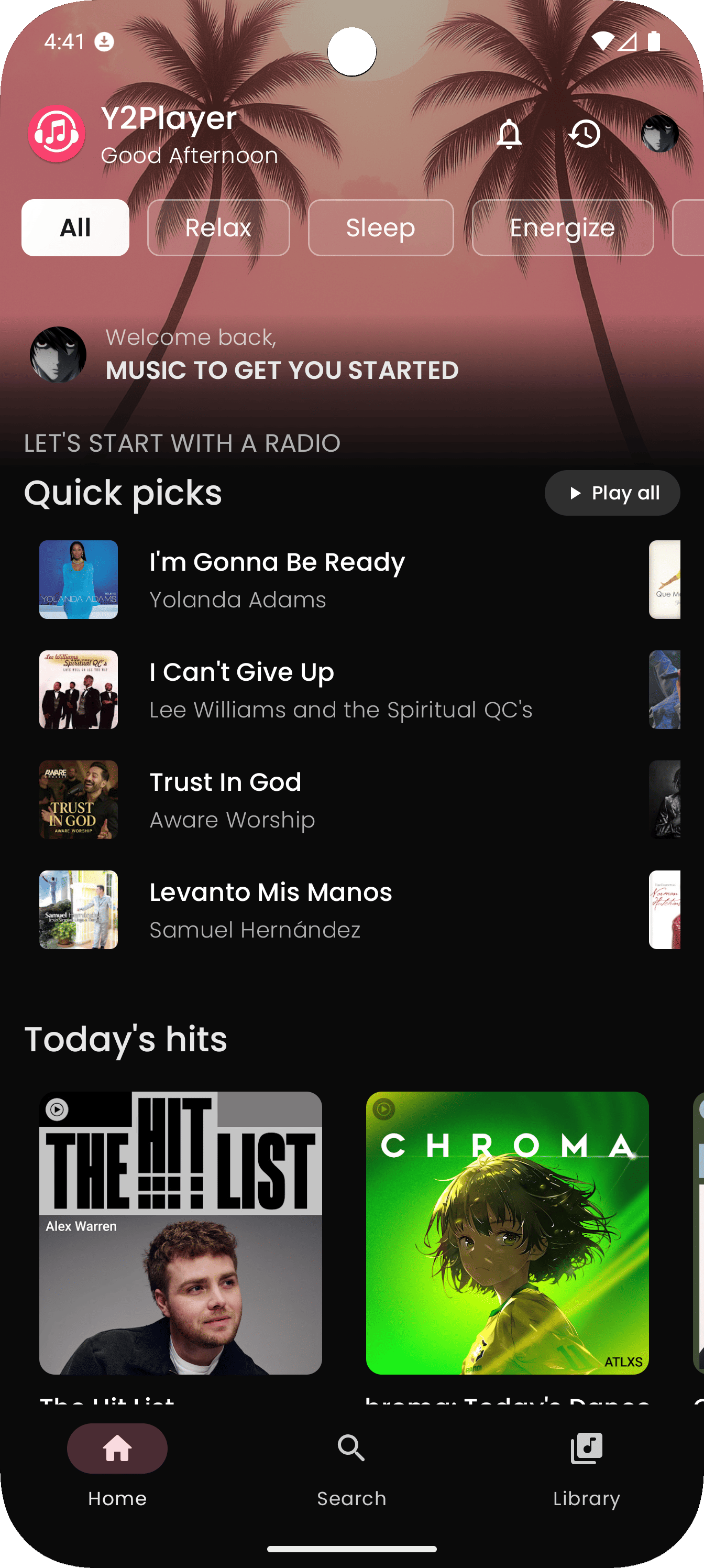 Y2Player Music home screen showing trending music and personalized recommendations