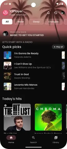 Y2Player Music home screen showing trending music and personalized recommendations
