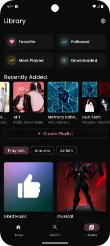 Personal music library in Y2Player Music with playlists and downloaded songs