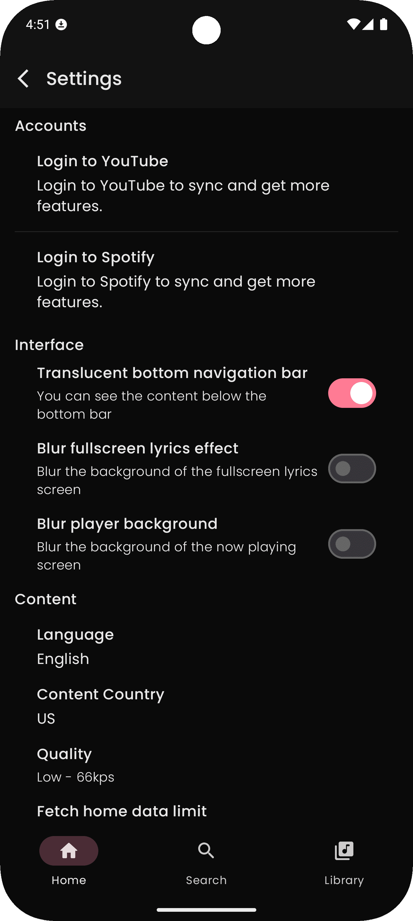 Y2Player Music app settings with audio quality options