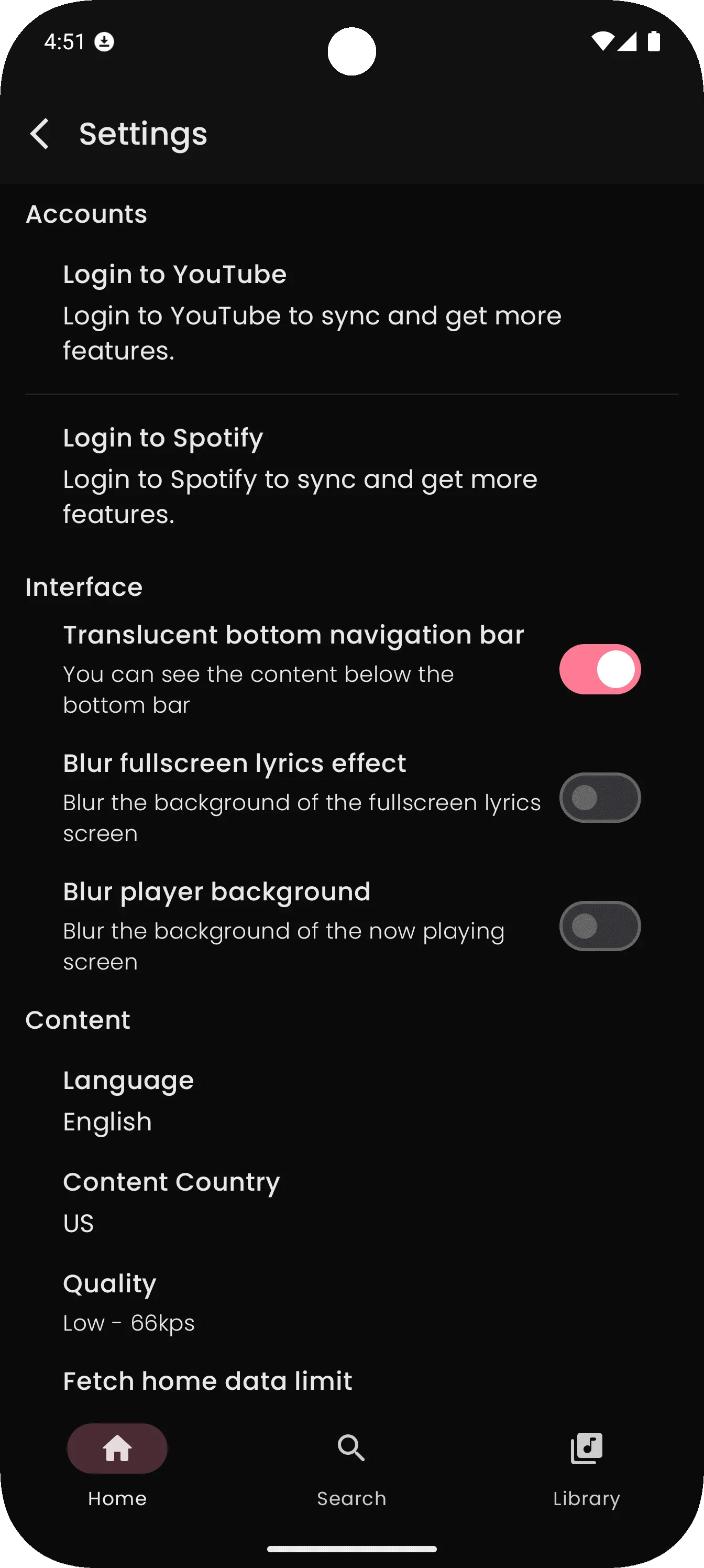 Y2Player Music app settings with audio quality options